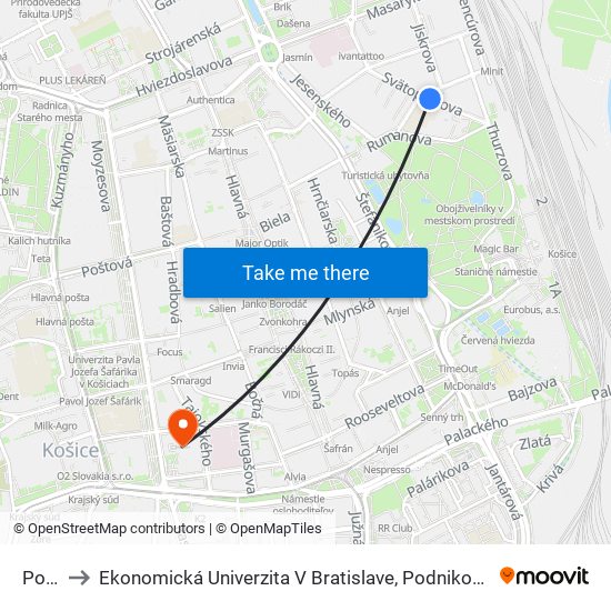 Pošta 2 to Ekonomická Univerzita V Bratislave, Podnikovohospodárska Fakulta V Košiciach map