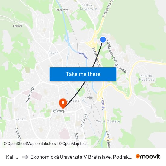 Kalinovská to Ekonomická Univerzita V Bratislave, Podnikovohospodárska Fakulta V Košiciach map