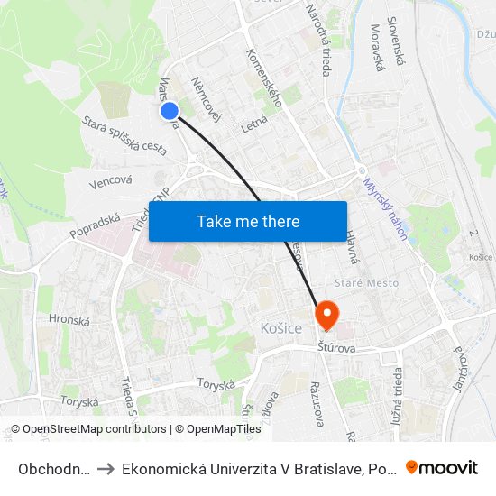 Obchodná Akadémia to Ekonomická Univerzita V Bratislave, Podnikovohospodárska Fakulta V Košiciach map