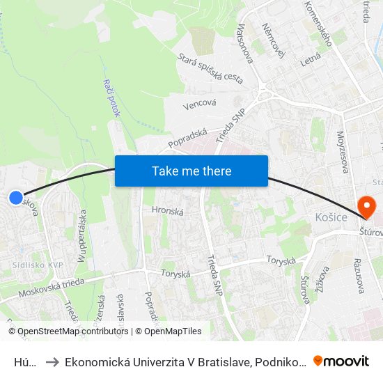 Húskova to Ekonomická Univerzita V Bratislave, Podnikovohospodárska Fakulta V Košiciach map