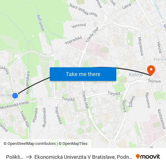 Poliklinika Kvp to Ekonomická Univerzita V Bratislave, Podnikovohospodárska Fakulta V Košiciach map