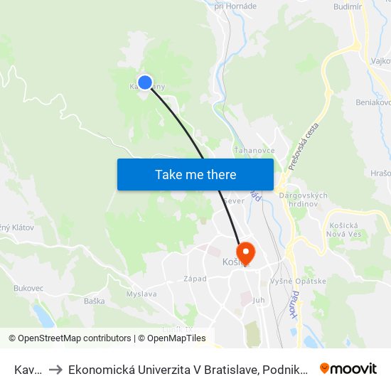 Kavečany to Ekonomická Univerzita V Bratislave, Podnikovohospodárska Fakulta V Košiciach map