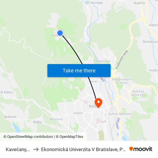 Kavečany, Miestny Úrad to Ekonomická Univerzita V Bratislave, Podnikovohospodárska Fakulta V Košiciach map