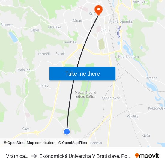 Vrátnica 4 U.S.Steel to Ekonomická Univerzita V Bratislave, Podnikovohospodárska Fakulta V Košiciach map