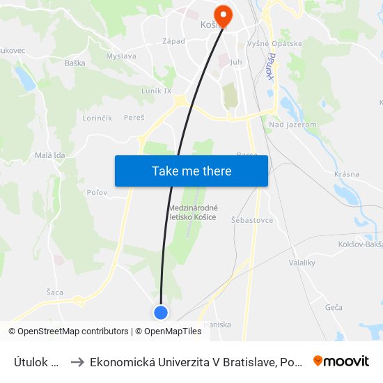 Útulok Pre Zvieratá to Ekonomická Univerzita V Bratislave, Podnikovohospodárska Fakulta V Košiciach map