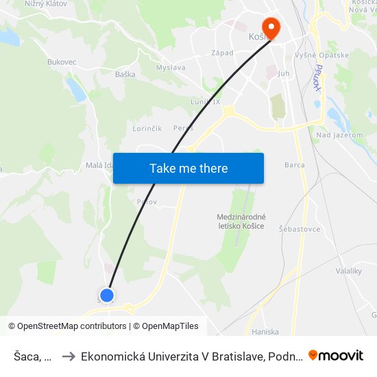 Šaca, Námestie to Ekonomická Univerzita V Bratislave, Podnikovohospodárska Fakulta V Košiciach map