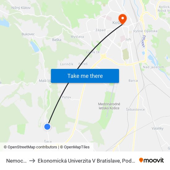 Nemocnica Šaca to Ekonomická Univerzita V Bratislave, Podnikovohospodárska Fakulta V Košiciach map