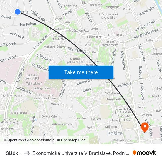 Sládkovičova to Ekonomická Univerzita V Bratislave, Podnikovohospodárska Fakulta V Košiciach map