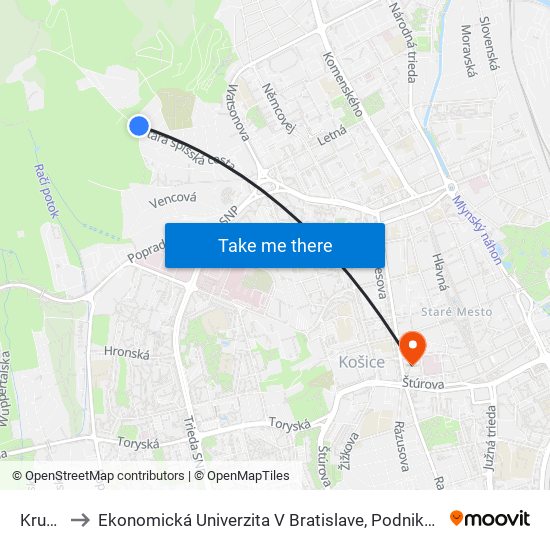 Krupinská to Ekonomická Univerzita V Bratislave, Podnikovohospodárska Fakulta V Košiciach map