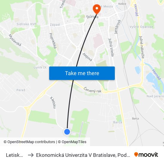 Letisko / Airport to Ekonomická Univerzita V Bratislave, Podnikovohospodárska Fakulta V Košiciach map