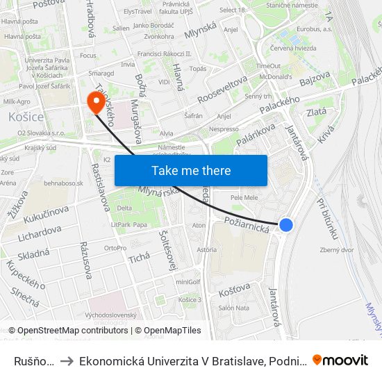 Rušňové Depo to Ekonomická Univerzita V Bratislave, Podnikovohospodárska Fakulta V Košiciach map