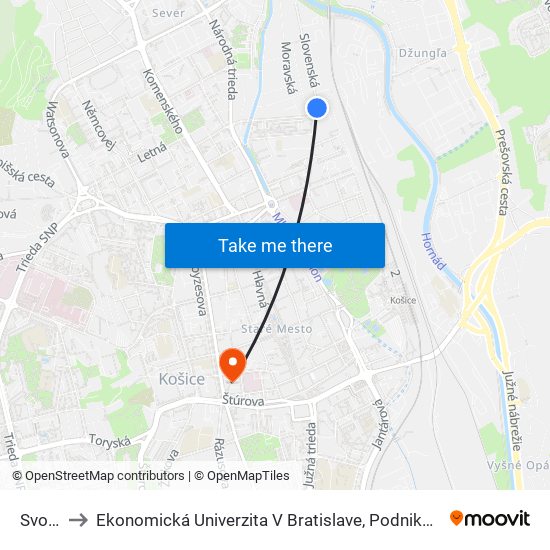 Svornosti to Ekonomická Univerzita V Bratislave, Podnikovohospodárska Fakulta V Košiciach map