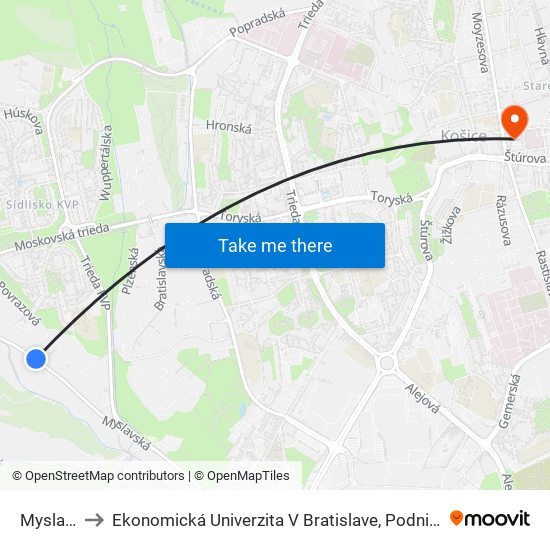 Myslavská 87 to Ekonomická Univerzita V Bratislave, Podnikovohospodárska Fakulta V Košiciach map