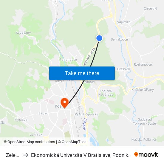 Zelený Dvor to Ekonomická Univerzita V Bratislave, Podnikovohospodárska Fakulta V Košiciach map