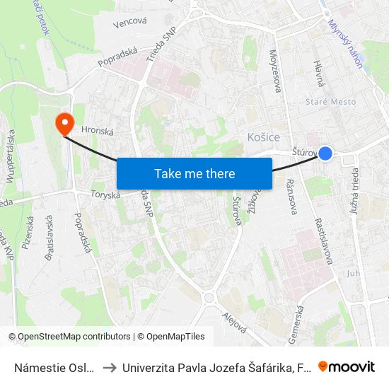 Námestie Osloboditeľov to Univerzita Pavla Jozefa Šafárika, Fakulta Verejnej Správy map