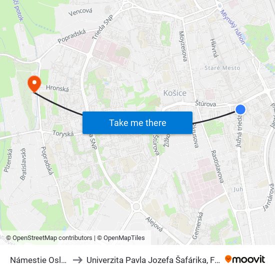 Námestie Osloboditeľov to Univerzita Pavla Jozefa Šafárika, Fakulta Verejnej Správy map