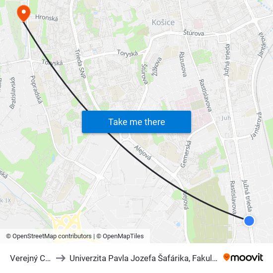 Verejný Cintorín to Univerzita Pavla Jozefa Šafárika, Fakulta Verejnej Správy map