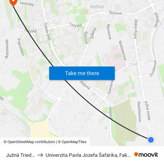 Južná Trieda Č.125 to Univerzita Pavla Jozefa Šafárika, Fakulta Verejnej Správy map