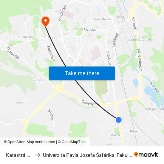 Katastrálny Úrad to Univerzita Pavla Jozefa Šafárika, Fakulta Verejnej Správy map