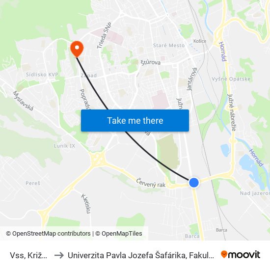 Vss, Križovatka to Univerzita Pavla Jozefa Šafárika, Fakulta Verejnej Správy map