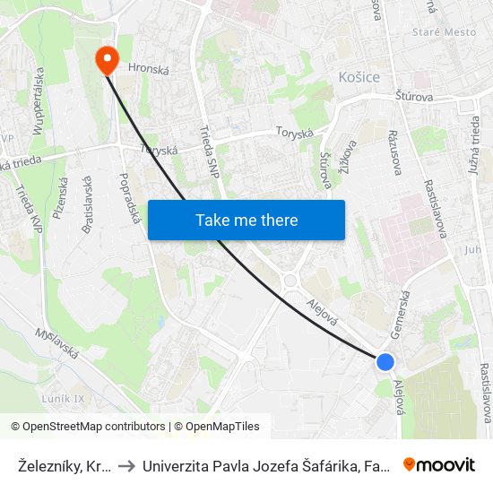 Železníky, Križovatka to Univerzita Pavla Jozefa Šafárika, Fakulta Verejnej Správy map