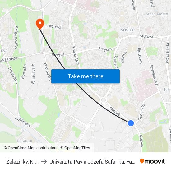 Železníky, Križovatka to Univerzita Pavla Jozefa Šafárika, Fakulta Verejnej Správy map