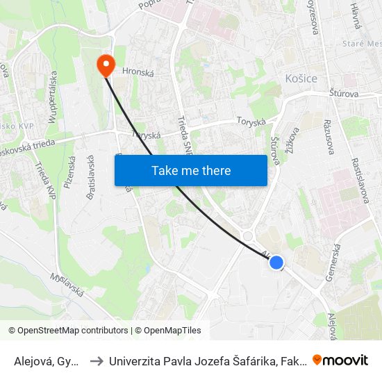 Alejová, Gymnázium to Univerzita Pavla Jozefa Šafárika, Fakulta Verejnej Správy map