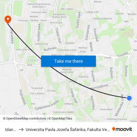 Idanská to Univerzita Pavla Jozefa Šafárika, Fakulta Verejnej Správy map