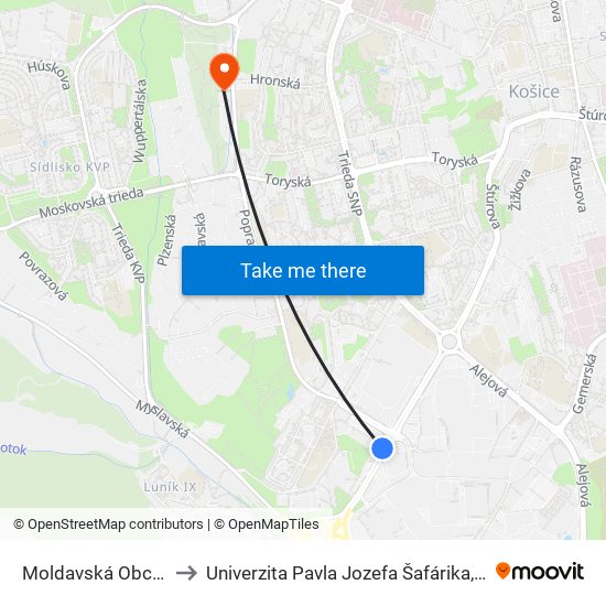 Moldavská Obchodné Centrá to Univerzita Pavla Jozefa Šafárika, Fakulta Verejnej Správy map