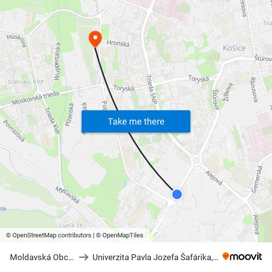 Moldavská Obchodné Centrá to Univerzita Pavla Jozefa Šafárika, Fakulta Verejnej Správy map