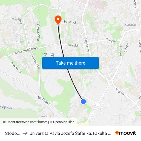 Stodolova to Univerzita Pavla Jozefa Šafárika, Fakulta Verejnej Správy map