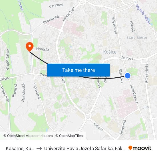 Kasárne, Kulturpark to Univerzita Pavla Jozefa Šafárika, Fakulta Verejnej Správy map