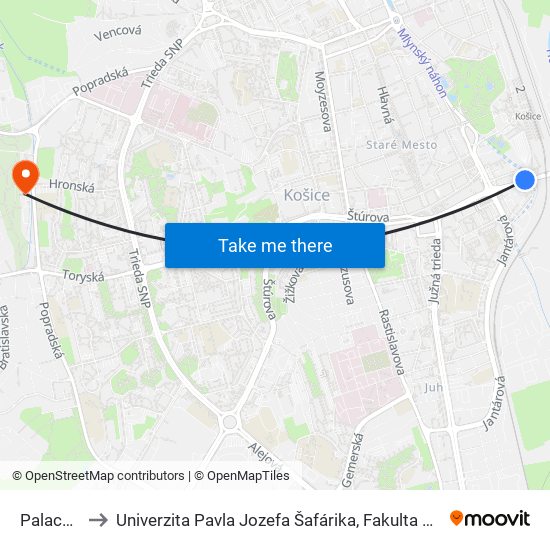 Palackého to Univerzita Pavla Jozefa Šafárika, Fakulta Verejnej Správy map