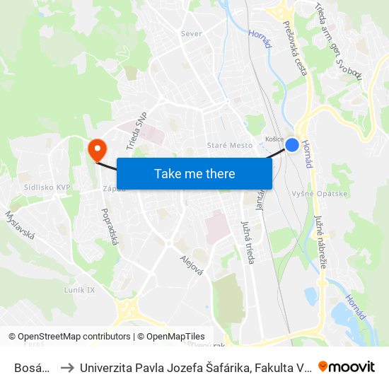 Bosákova to Univerzita Pavla Jozefa Šafárika, Fakulta Verejnej Správy map