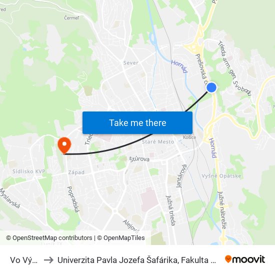 Vo Výmoli to Univerzita Pavla Jozefa Šafárika, Fakulta Verejnej Správy map