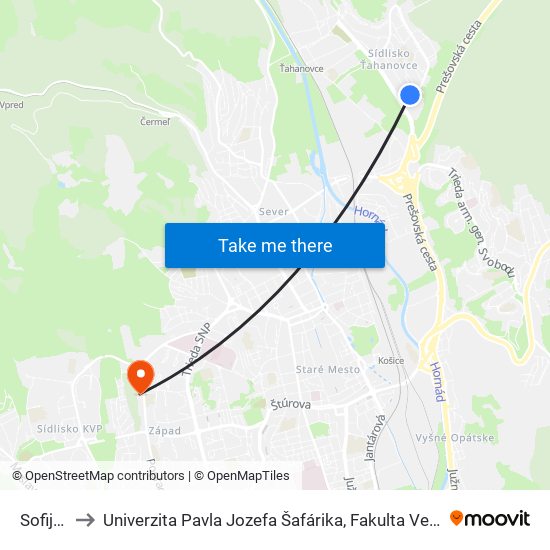 Sofijská to Univerzita Pavla Jozefa Šafárika, Fakulta Verejnej Správy map