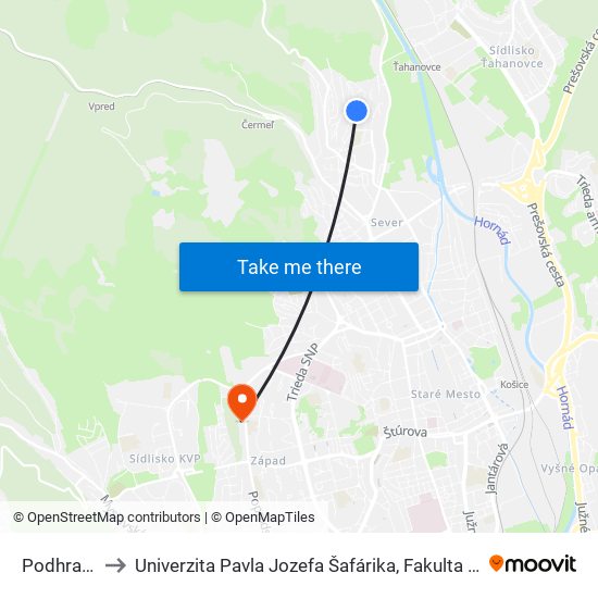 Podhradová to Univerzita Pavla Jozefa Šafárika, Fakulta Verejnej Správy map