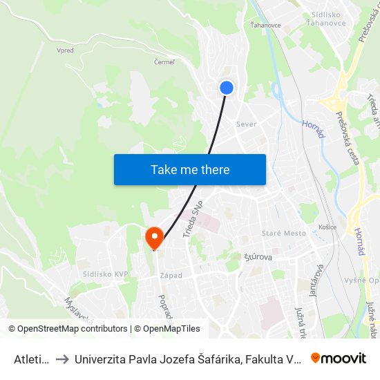 Atletická to Univerzita Pavla Jozefa Šafárika, Fakulta Verejnej Správy map