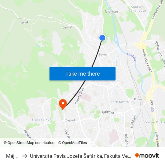 Májová to Univerzita Pavla Jozefa Šafárika, Fakulta Verejnej Správy map