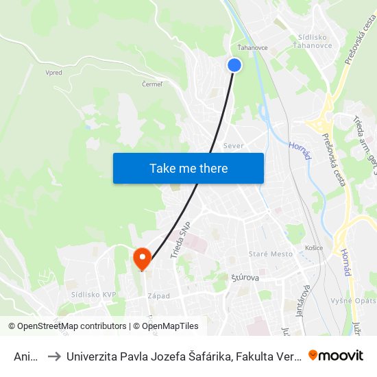 Anička to Univerzita Pavla Jozefa Šafárika, Fakulta Verejnej Správy map