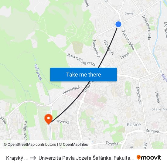 Krajský Úrad to Univerzita Pavla Jozefa Šafárika, Fakulta Verejnej Správy map