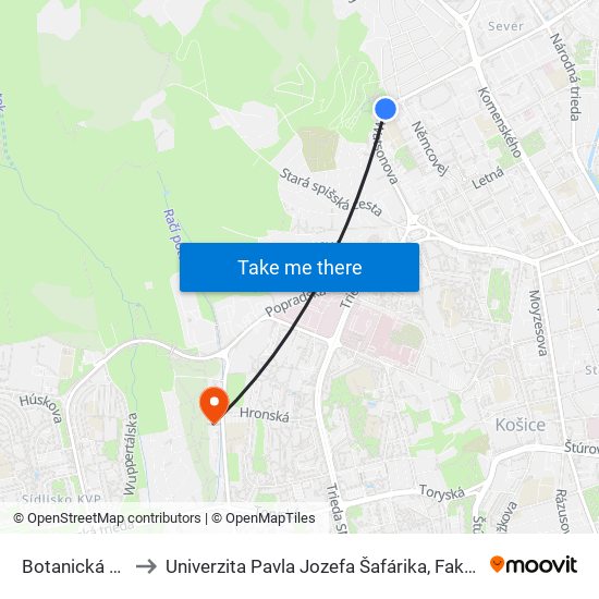 Botanická Záhrada to Univerzita Pavla Jozefa Šafárika, Fakulta Verejnej Správy map