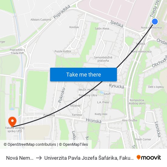 Nová Nemocnica to Univerzita Pavla Jozefa Šafárika, Fakulta Verejnej Správy map