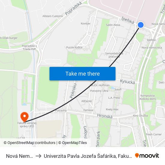 Nová Nemocnica to Univerzita Pavla Jozefa Šafárika, Fakulta Verejnej Správy map