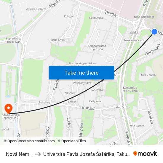 Nová Nemocnica to Univerzita Pavla Jozefa Šafárika, Fakulta Verejnej Správy map