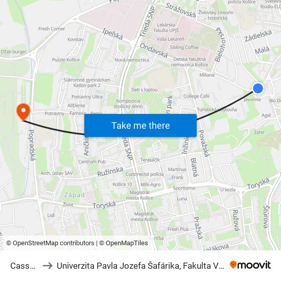 Cassovar to Univerzita Pavla Jozefa Šafárika, Fakulta Verejnej Správy map