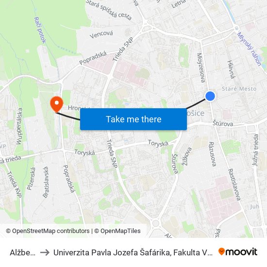 Alžbetina to Univerzita Pavla Jozefa Šafárika, Fakulta Verejnej Správy map