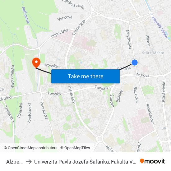 Alžbetina to Univerzita Pavla Jozefa Šafárika, Fakulta Verejnej Správy map