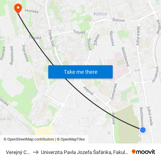 Verejný Cintorín to Univerzita Pavla Jozefa Šafárika, Fakulta Verejnej Správy map