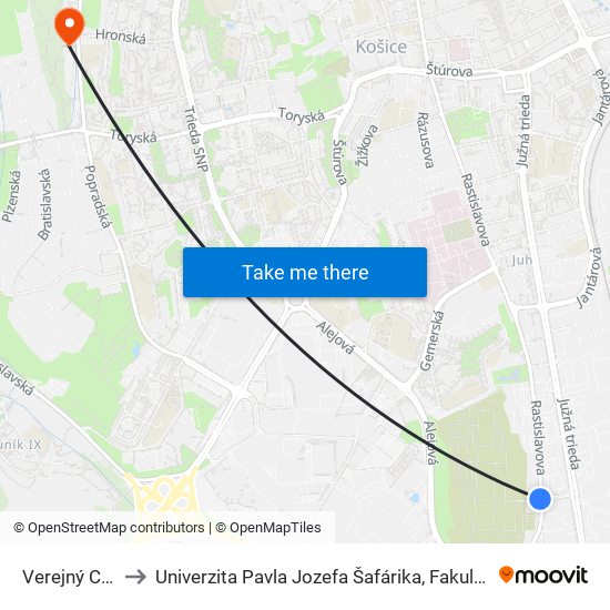 Verejný Cintorín to Univerzita Pavla Jozefa Šafárika, Fakulta Verejnej Správy map